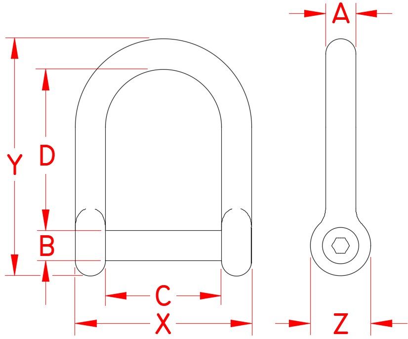 Stainless Steel Wide D Shackle with No Snag Pin, S0114-NS06, S0114-NS08, S0114-NS10, S0114-NS12, Line Drawing